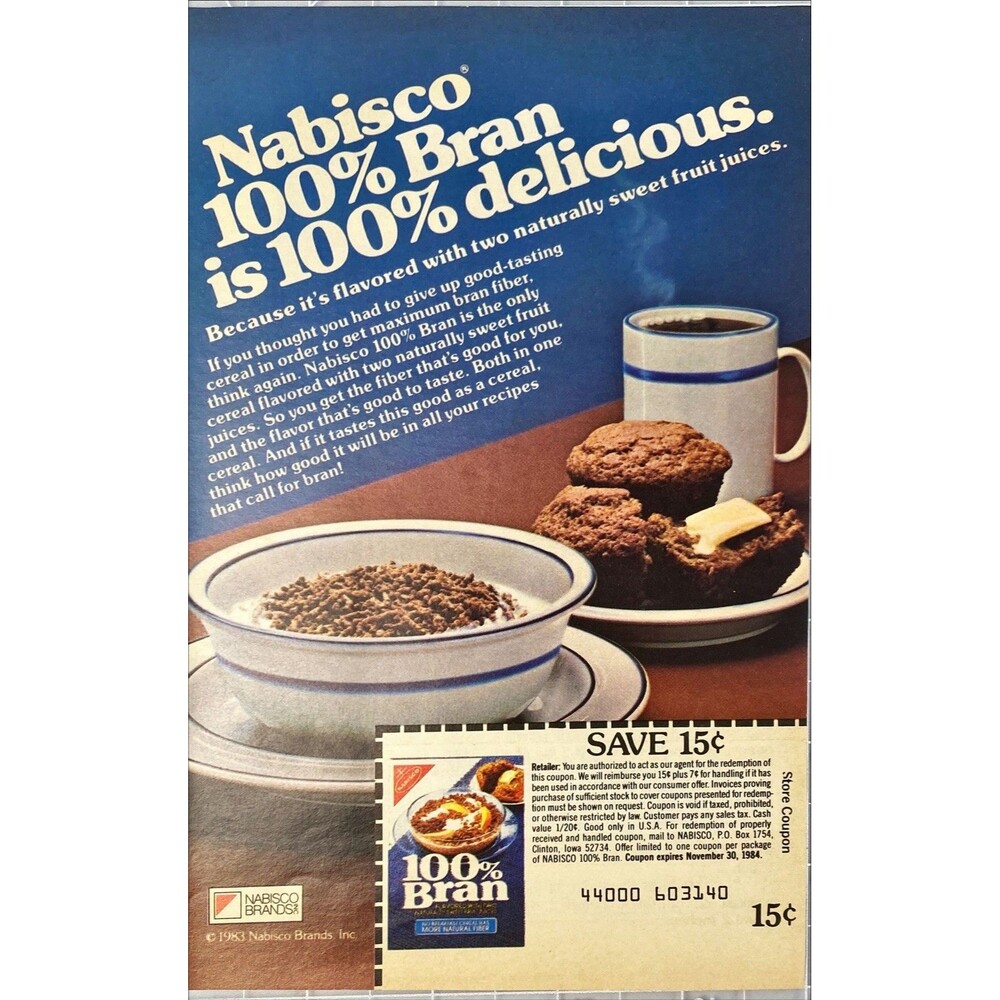 Nabisco 100% Bran Cereal "100% Delicious" Vintage Print Ad 1983